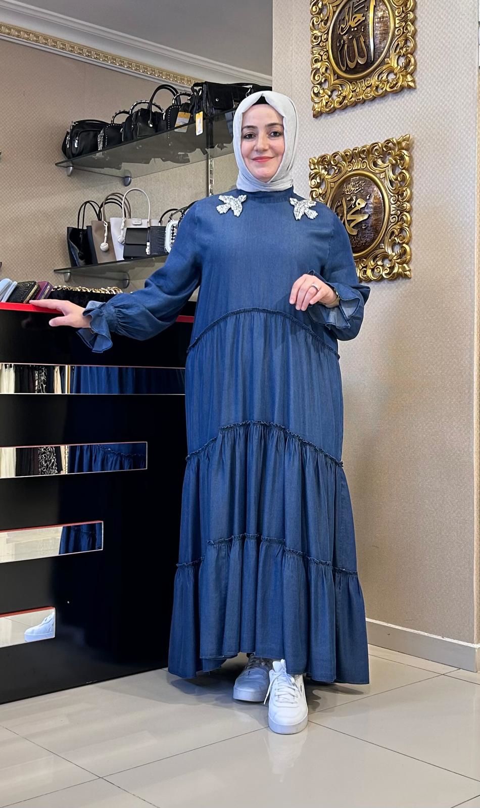 TAŞ İŞLEMELİ TENSEL KOT ELBİSE /GHISA