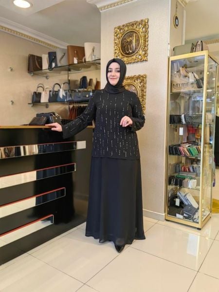 QUEFFA ŞİFONKREP İŞLEME DETAYLI ABİYE ELBİSE