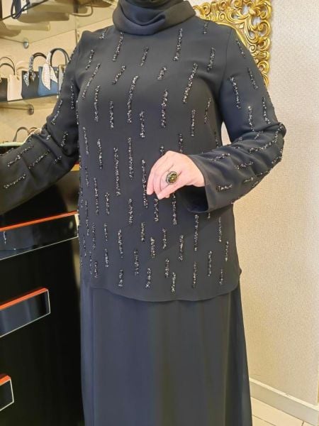 QUEFFA ŞİFONKREP İŞLEME DETAYLI ABİYE ELBİSE