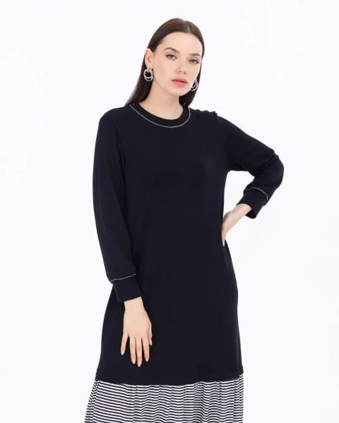 Çizgili İki Kumaş Uzun Kollu Elbise - Siyah