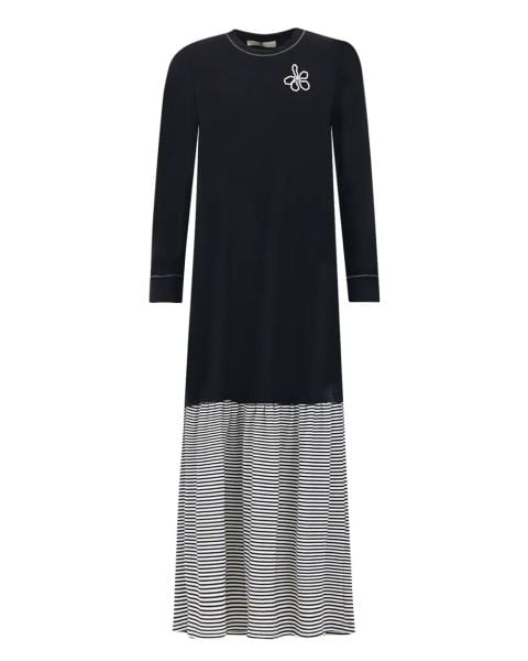 Çizgili İki Kumaş Uzun Kollu Elbise - Siyah