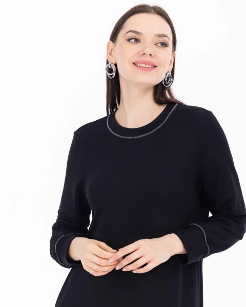 Çizgili İki Kumaş Uzun Kollu Elbise - Siyah