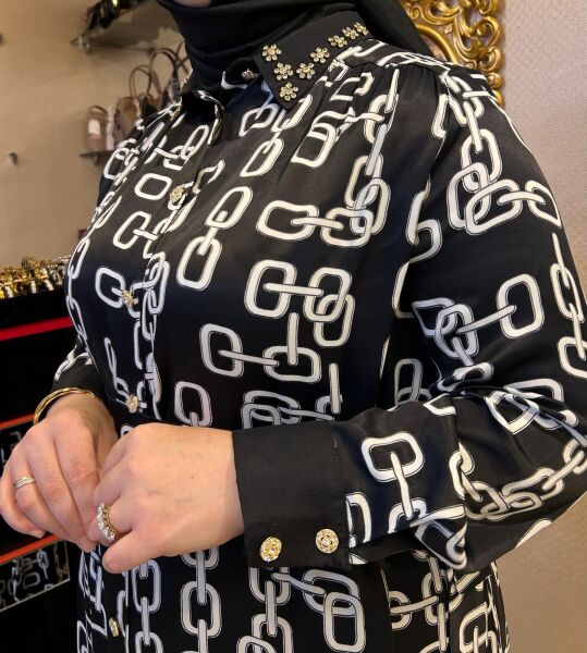 ZİNCİR DESEN YAKASI TAŞ DTY. VISKON ELBİSE / GHISA 