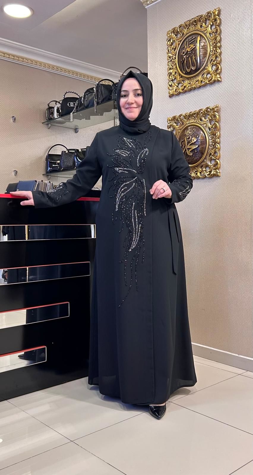 ÇİFT RENK TAŞ İŞLEMELİ YAN KAPAMALI FERACE/ZERENAY