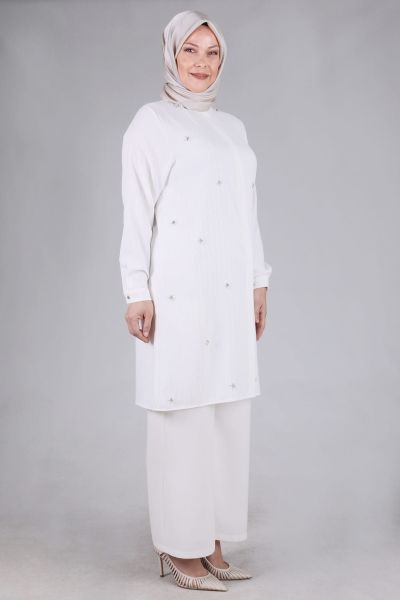 Büyük Beden Tesettür İncili Tunik  Ekru