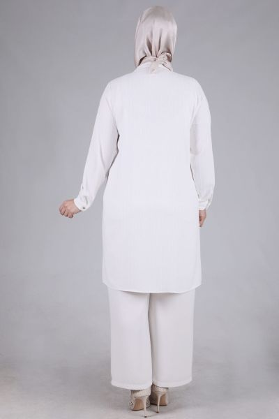 Büyük Beden Tesettür İncili Tunik  Ekru