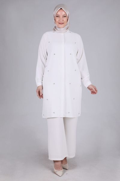 Büyük Beden Tesettür İncili Tunik  Ekru