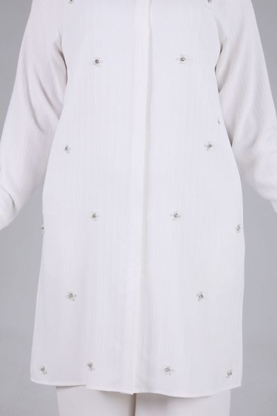 Büyük Beden Tesettür İncili Tunik  Ekru