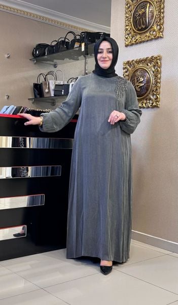 ﻿OMUZU İŞLEMELİ İPEK CUPRA ELBİSE/NURCAN ÇETİN