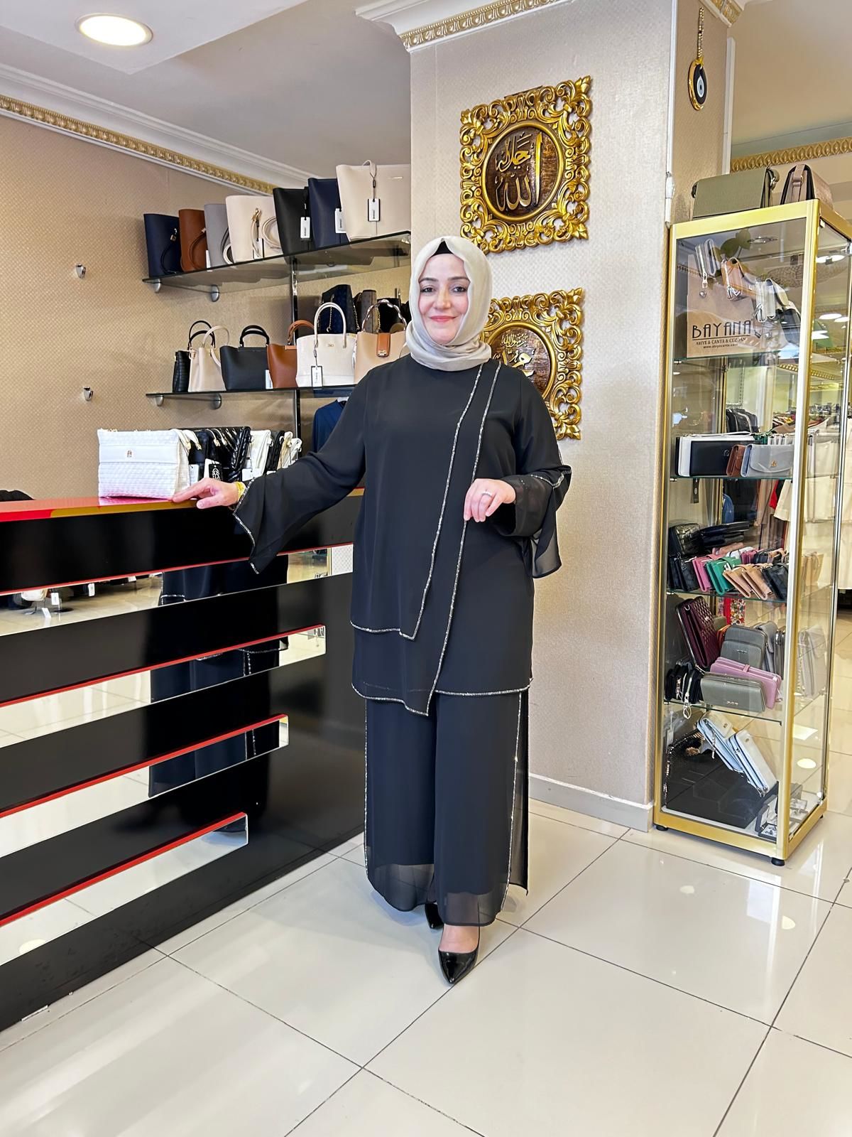 Büyük Beden Tesettür Asimetrik Kesim Taşlı Abiye Takım