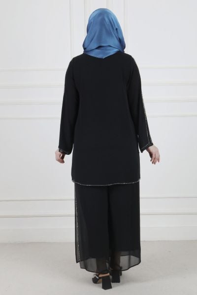 Büyük Beden Tesettür Asimetrik Kesim Taşlı Abiye Takım