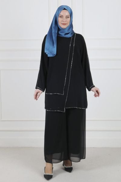 Büyük Beden Tesettür Asimetrik Kesim Taşlı Abiye Takım