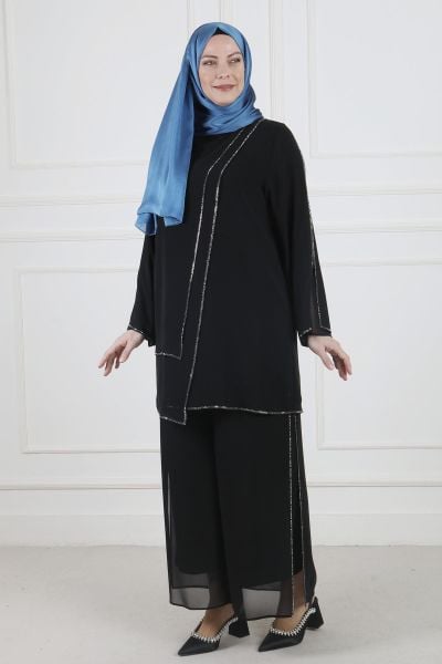 Büyük Beden Tesettür Asimetrik Kesim Taşlı Abiye Takım