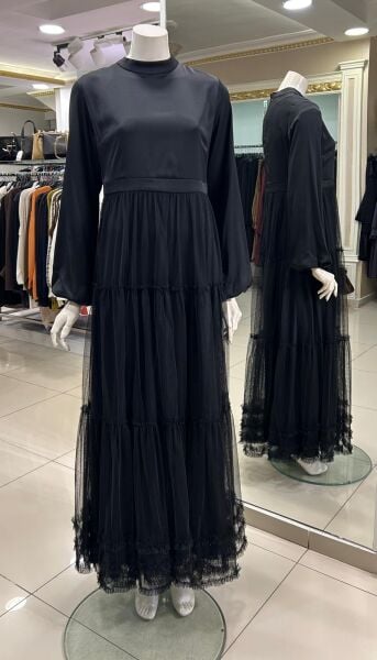 KREP SATEN VE TÜL KOMBİNLİ ŞIK ELBİSE /NURCAN ÇETİN 