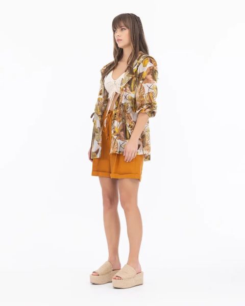 Tropik Desenli Kapüşon Yaka Ceket - Taba