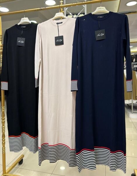 KOL VE ETEK UCU ÇİZGİLİ MERSERİZE ELBİSE /NURCAN ÇETİN