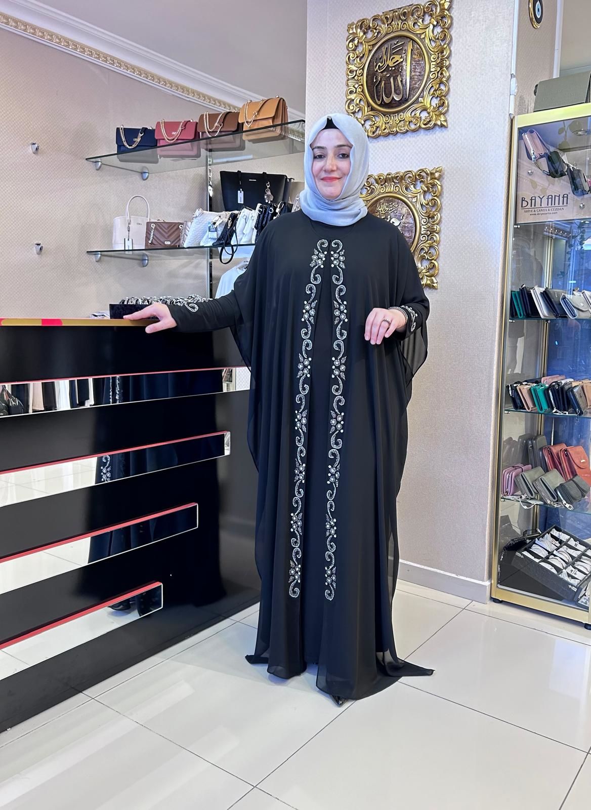 TASVİR/ TAŞLI ŞİFON ABAYALI İKİLİ ABİYE TAKIM