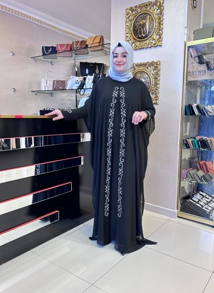TASVİR/ TAŞLI ŞİFON ABAYALI İKİLİ ABİYE TAKIM