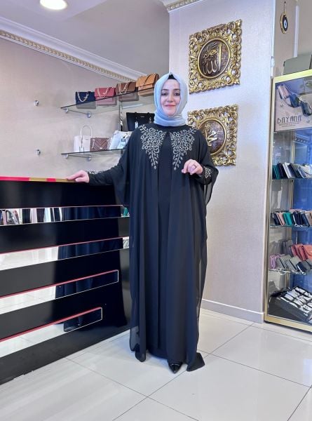 TASVİR/ TAŞLI ŞİFON ABAYALI İKİLİ ABİYE TAKIM