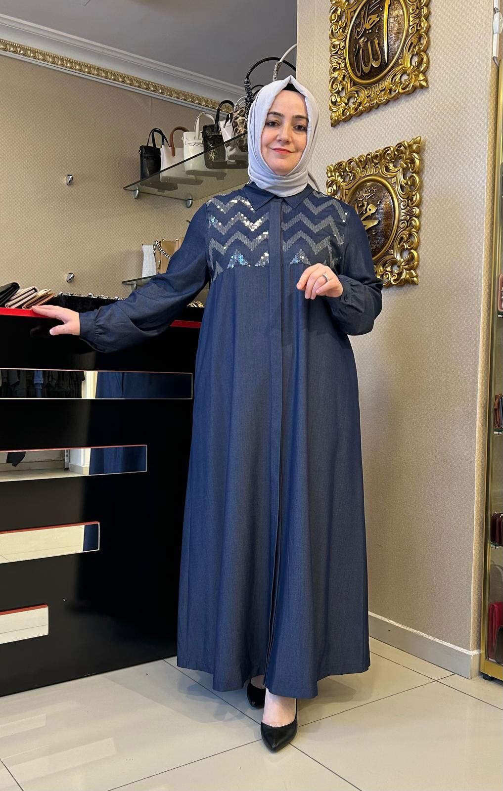 PUL İŞLEMELİ GÖMLEK YAKA TENSEL KOT ELBİSE /NUSS