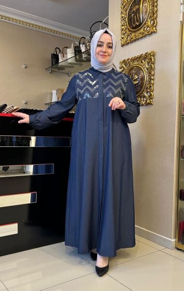 PUL İŞLEMELİ GÖMLEK YAKA TENSEL KOT ELBİSE /NUSS