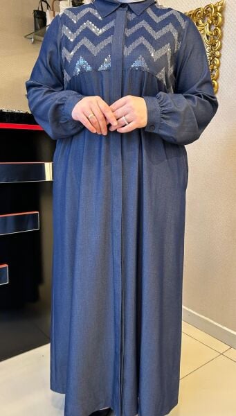 PUL İŞLEMELİ GÖMLEK YAKA TENSEL KOT ELBİSE /NUSS