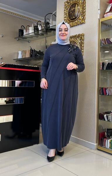 PUL VE BONCUK İŞLEMELİ BAMBU KUMAŞ ELBİSE /NURCAN ÇETİN