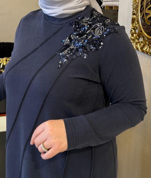 PUL VE BONCUK İŞLEMELİ BAMBU KUMAŞ ELBİSE /NURCAN ÇETİN