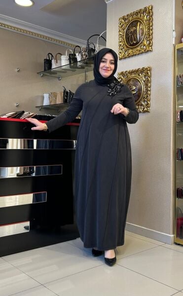 PUL VE BONCUK İŞLEMELİ BAMBU KUMAŞ ELBİSE /NURCAN ÇETİN