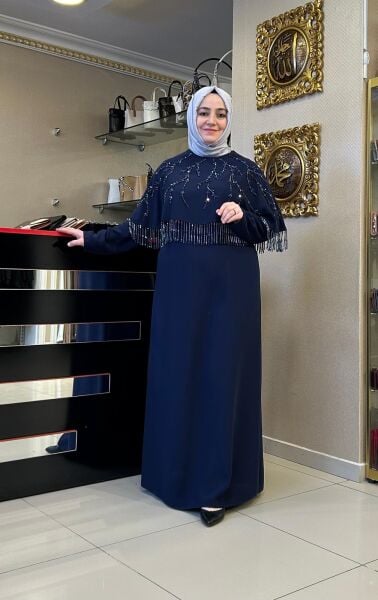 PELERİNLİ BONCUK İŞLEMELİ ABİYE ELBİSE /TASVİR