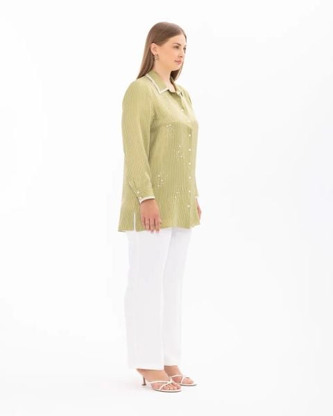 BÜYÜK BEDEN BONCUK İ̇ŞLEMELİ UZUN KOL GÖMLEK