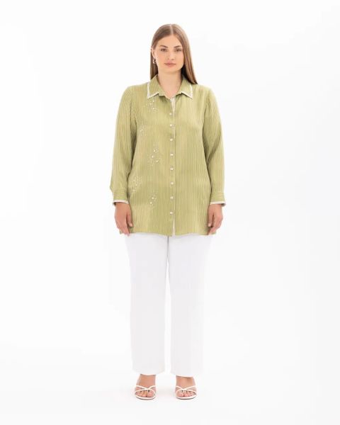 BÜYÜK BEDEN BONCUK İ̇ŞLEMELİ UZUN KOL GÖMLEK