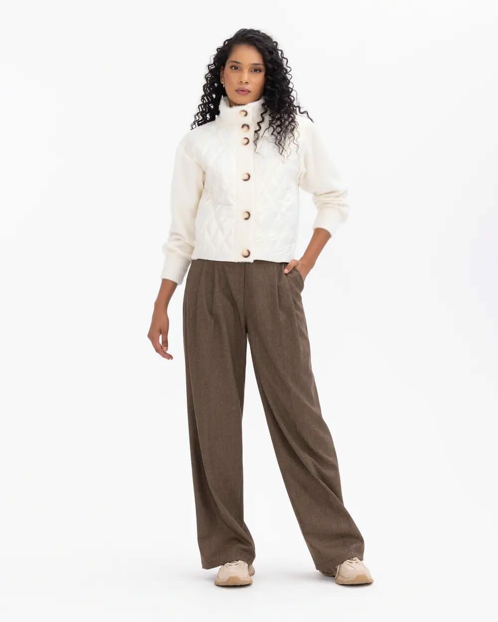 Kapitone Detaylı Düğmeli Bel Boy Ceket Ekru