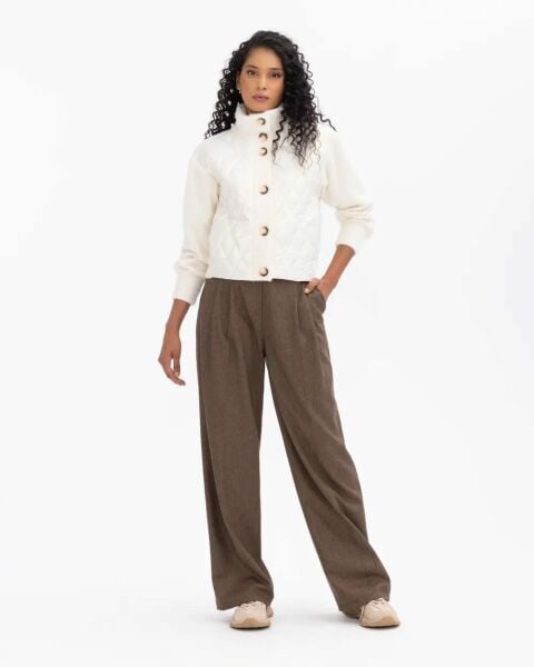 Kapitone Detaylı Düğmeli Bel Boy Ceket Ekru