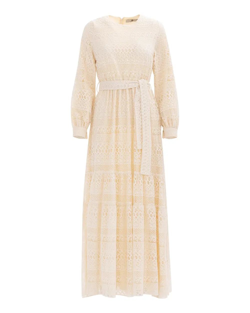 KUŞAKLI UZUN KOL DANTEL ELBİSE