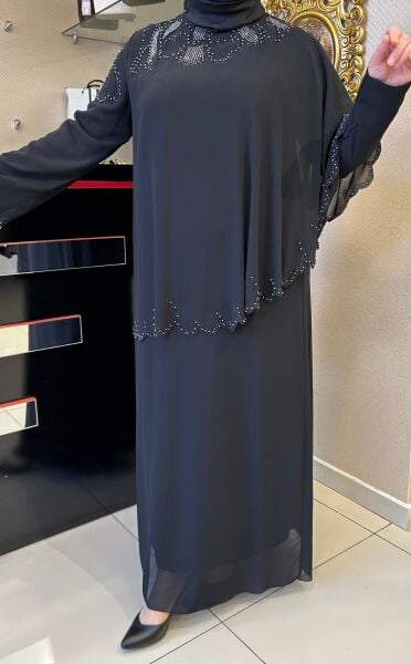 TAŞ VE BONCUK İŞLEMELİ ŞİFONLU ABİYE ELBİSE /TASVİR