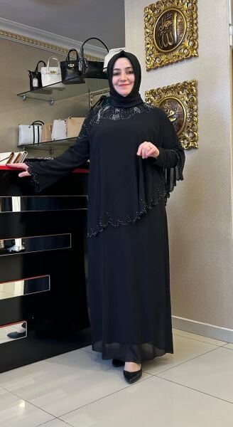 TAŞ VE BONCUK İŞLEMELİ ŞİFONLU ABİYE ELBİSE /TASVİR