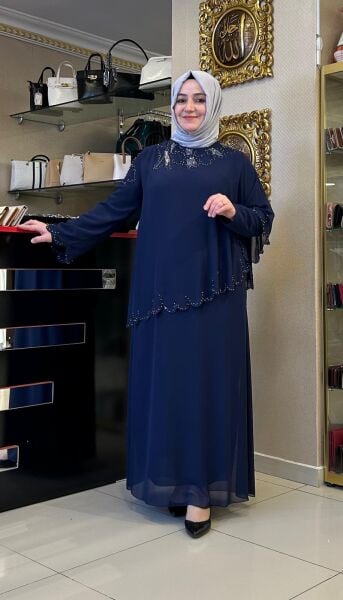 TAŞ VE BONCUK İŞLEMELİ ŞİFONLU ABİYE ELBİSE /TASVİR