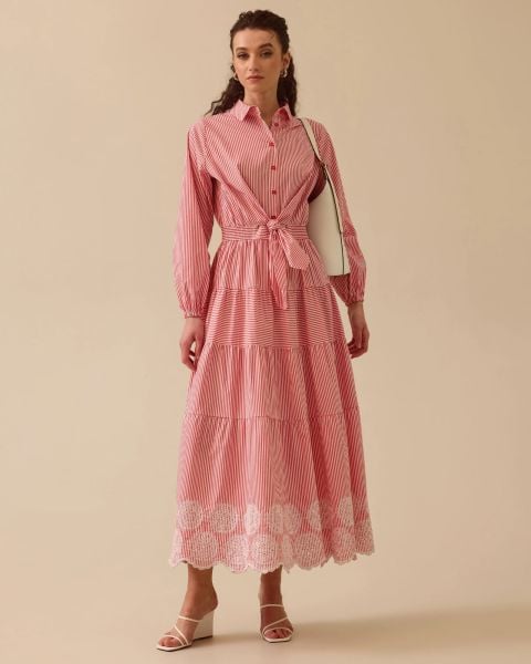 BAĞLAMALI DANTEL DETAYLI POPLİN ELBİSE/SEÇİL