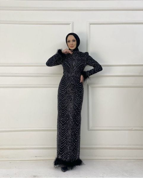 TAŞ İŞLEMELİ ABİYE/ SİYAH