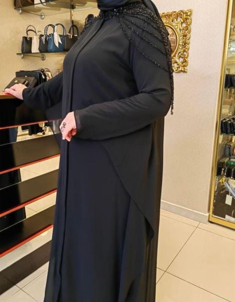 NURCAN ÇETİN/ TAŞLI ŞİFON DETAYLI ABİYE FERACE