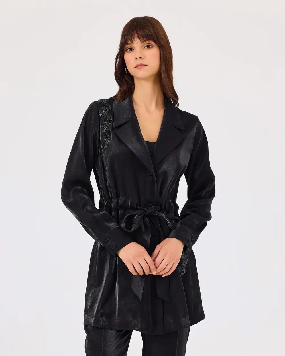 NAKIŞLI BELİ BÜZGÜLÜ DÜŞÜK KOL CEKET PANTOLON TAKIM