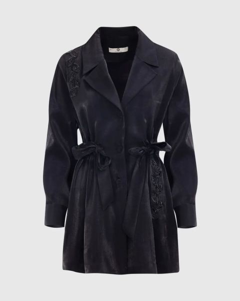 NAKIŞLI BELİ BÜZGÜLÜ DÜŞÜK KOL CEKET PANTOLON TAKIM