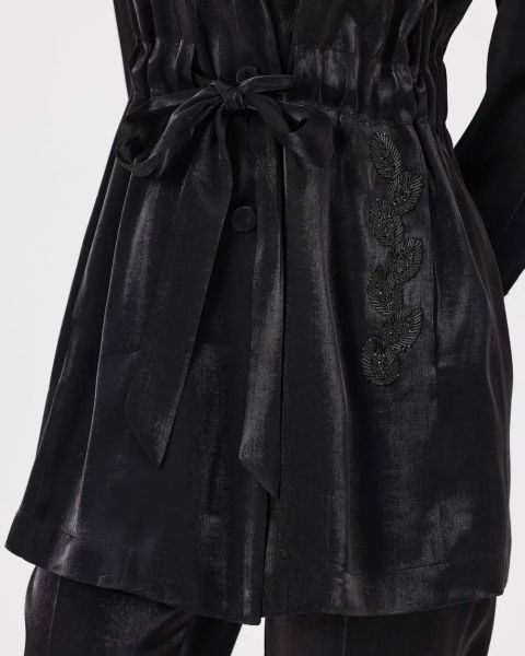 NAKIŞLI BELİ BÜZGÜLÜ DÜŞÜK KOL CEKET PANTOLON TAKIM