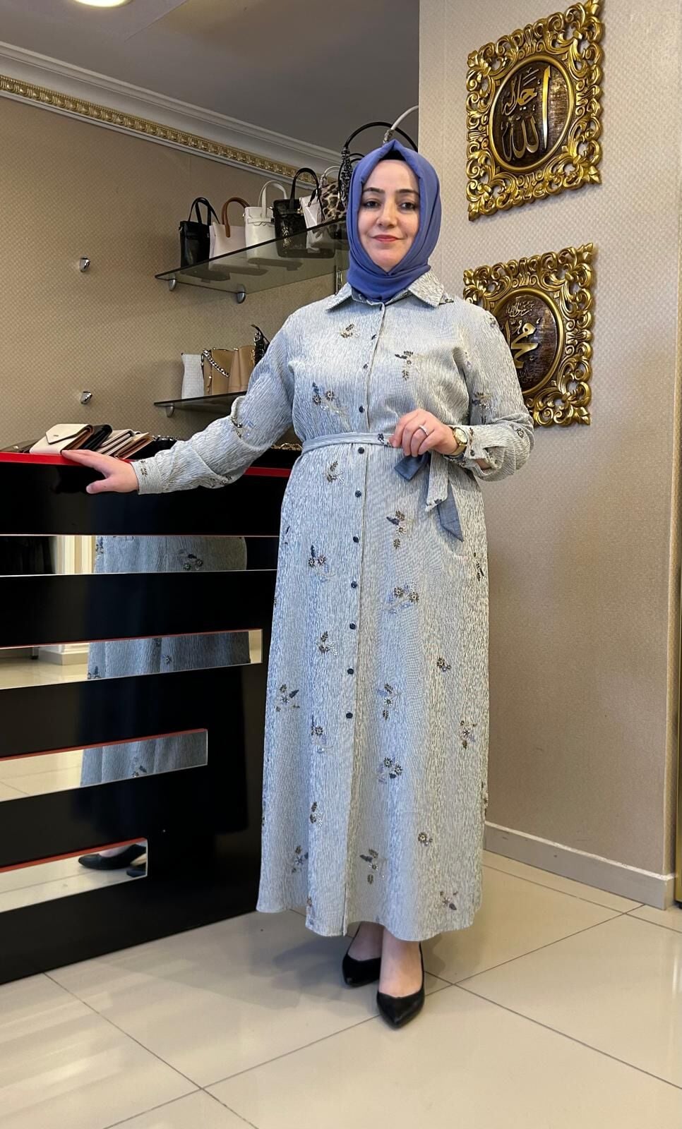 BONCUK İŞLEMELİ ÇİZGİLİ KUMAŞ ELBİSE /FUAT GÜRŞEN