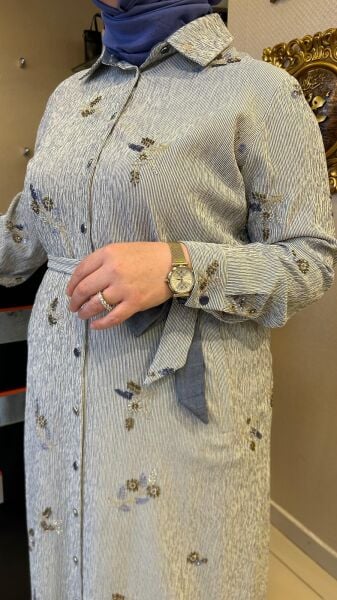 BONCUK İŞLEMELİ ÇİZGİLİ KUMAŞ ELBİSE /FUAT GÜRŞEN