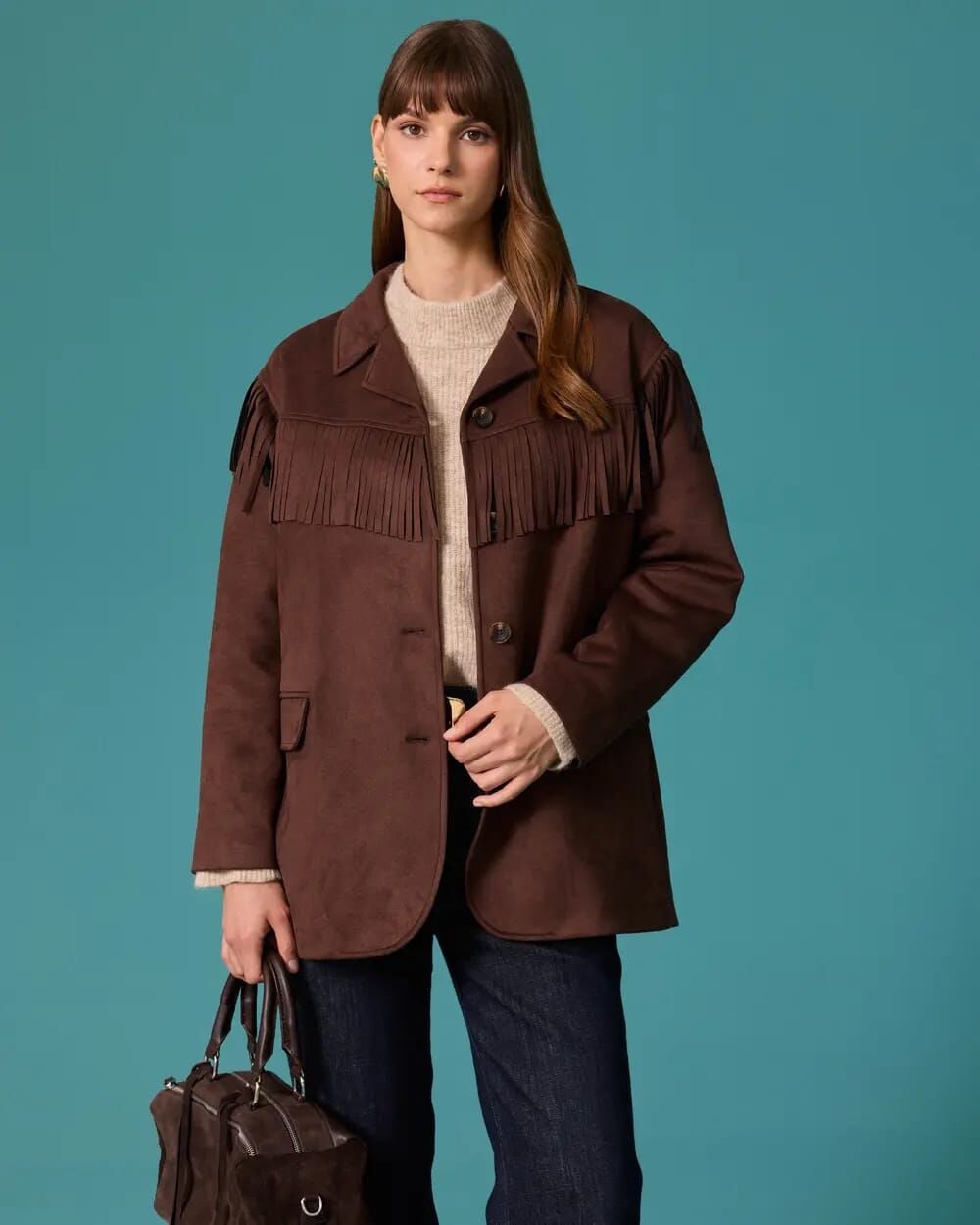 PÜSKÜL DETAYLI OVERSIZE SÜET CEKET /SEÇİL 0030