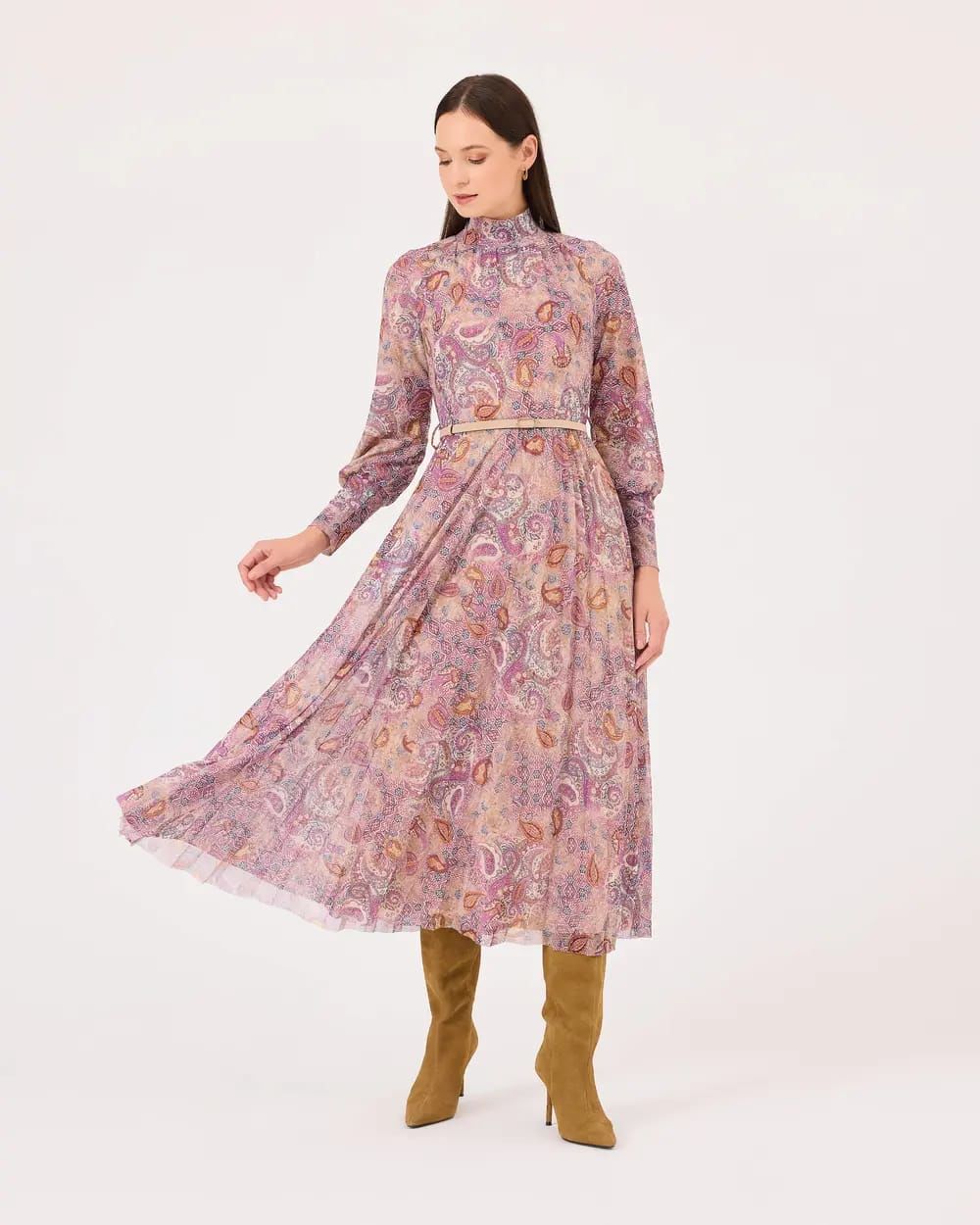 DİK YAKA KEMERLİ MİDİ BOY ELBİSE/ SEÇİL