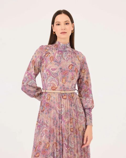 DİK YAKA KEMERLİ MİDİ BOY ELBİSE/ SEÇİL