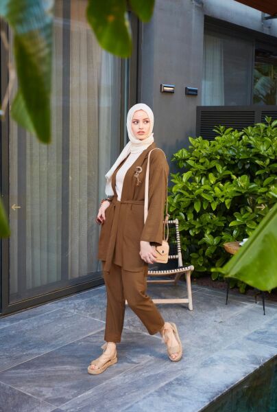 TOPRAK KUŞAKLI BELİ LASTİKLİ İKİLİ PANTOLONLU TAKIM